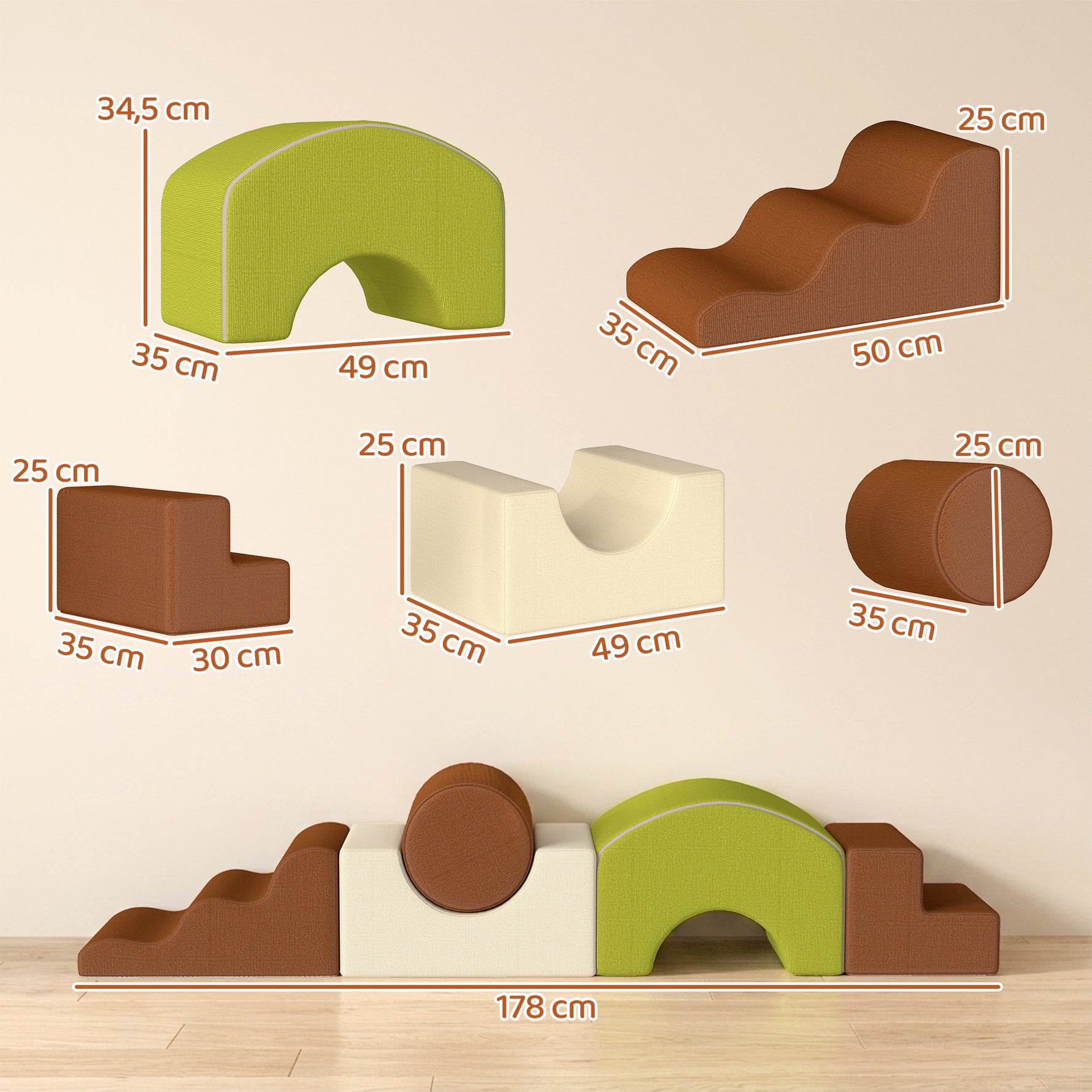 Parcours motricité bébé 5PCS, module en mousse souple avec housse en velours côtelé, multicolore