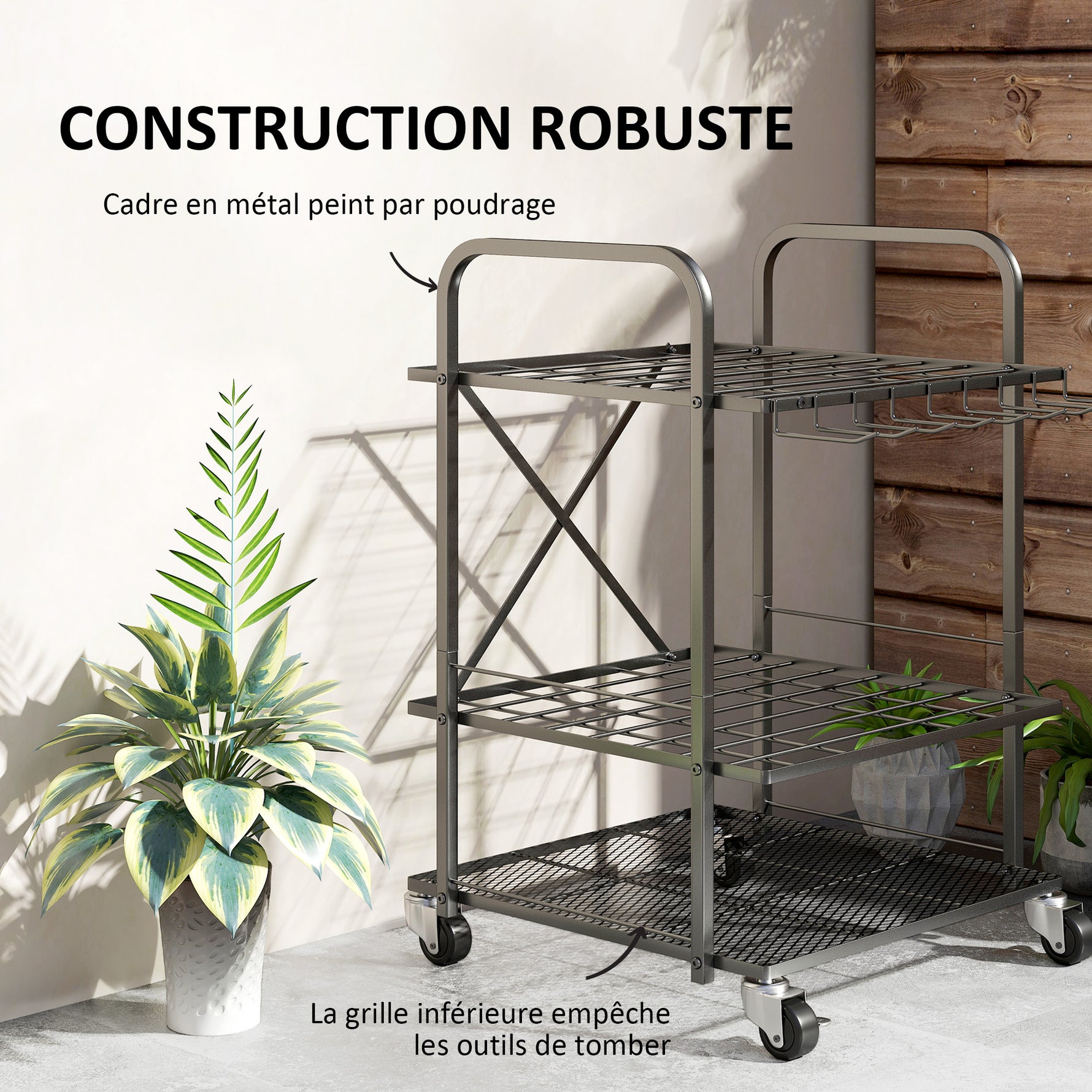 Organisateur d'outils de jardin, support à outils de jardin 40 compartiments à 2 niveaux avec roues 57 x 48 x 70 cm noir