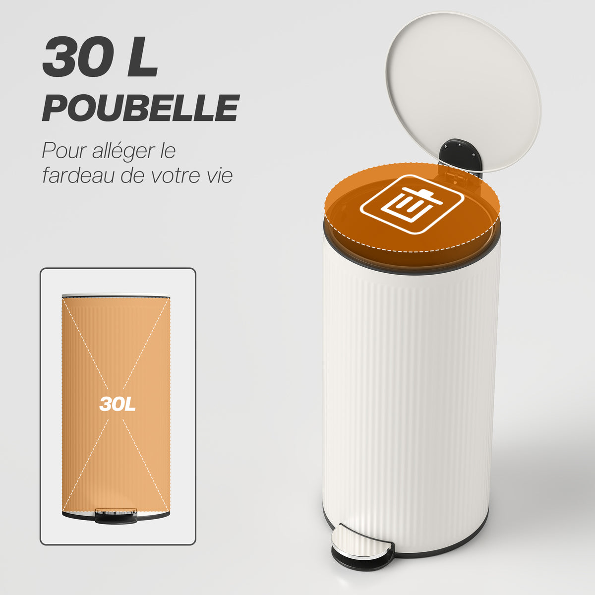 Poubelle cuisine 30L, poubelle à pédale avec seau intérieur amovible, couvercle à fermeture douce, 36x30x60,5cm, crème