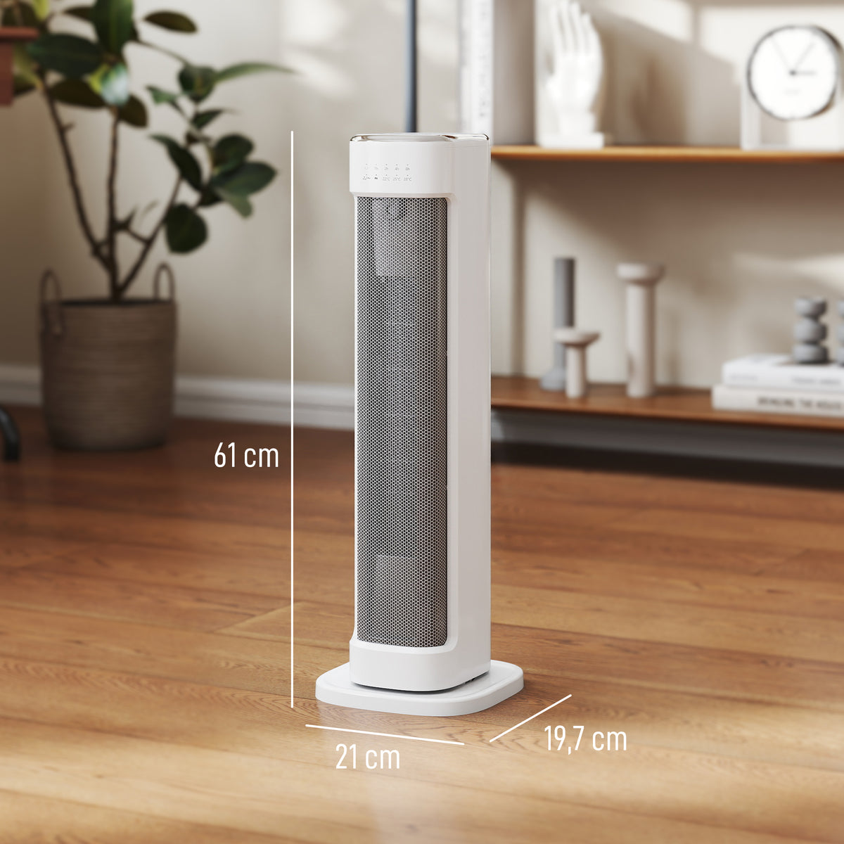 Chauffage d'appoint céramique PTC, radiateur électrique 2000 W avec thermostat réglable, minuterie, 21x19,7x61cm, blanc