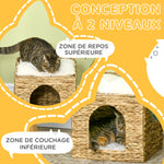 Niche pour chat 2 niveaux avec 2 coussins en jacinthe d'eau - 37,5 x 37,5 x 41,5 cm marron crème
