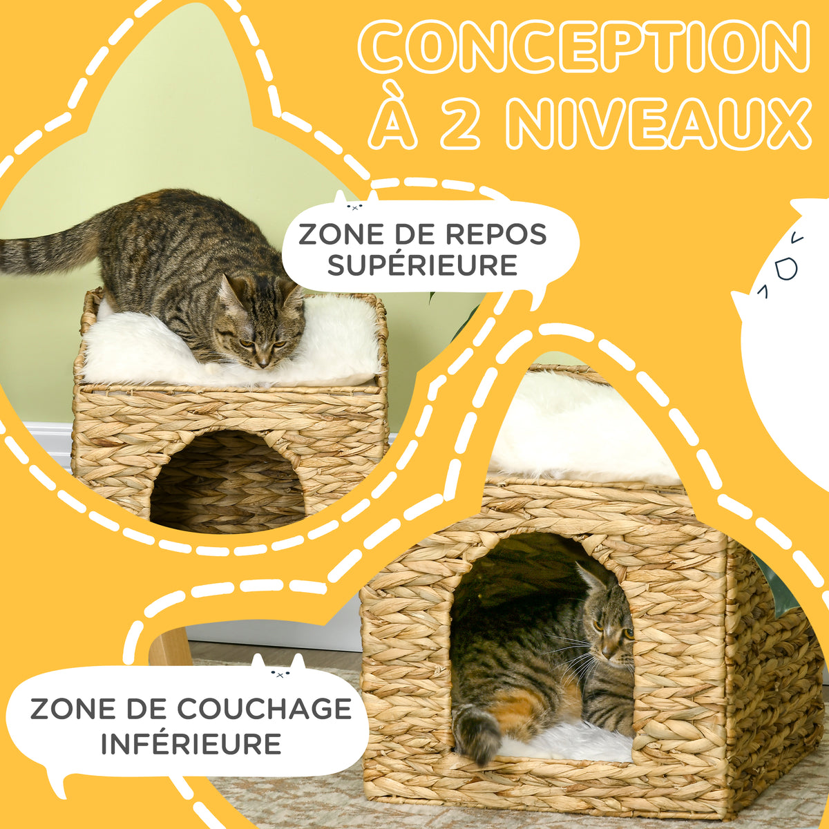 Niche pour chat 2 niveaux avec 2 coussins en jacinthe d'eau - 37,5 x 37,5 x 41,5 cm marron crème