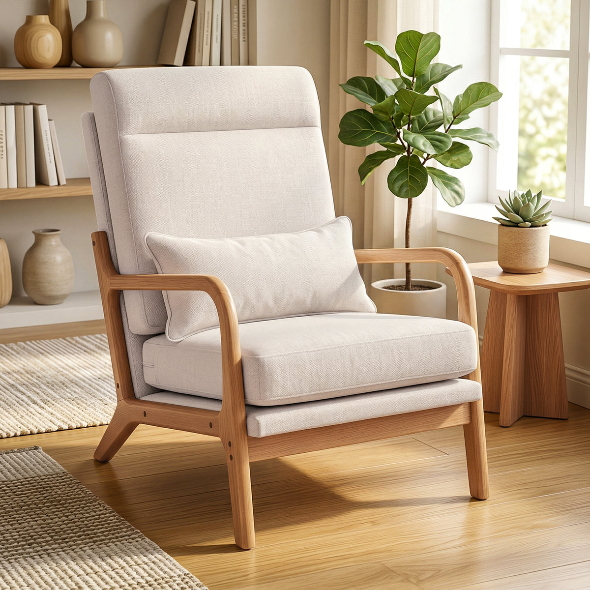 Fauteuil salon, fauteuil d'appoint rembourré en lin avec large assise, support lombaire, haut dossier, 64x86x93cm, crème