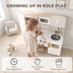 Cuisine Enfant en Bois, Dinette Cuisine Enfant avec Ustensiles en Acier Inoxydable, pour 3 à 6 Ans, 74x29x81cm, Blanc