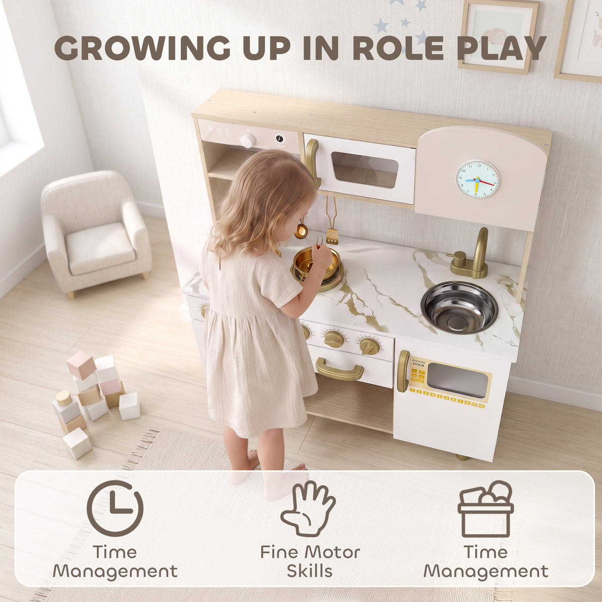 Cuisine Enfant en Bois, Dinette Cuisine Enfant avec Ustensiles en Acier Inoxydable, pour 3 à 6 Ans, 74x29x81cm, Blanc