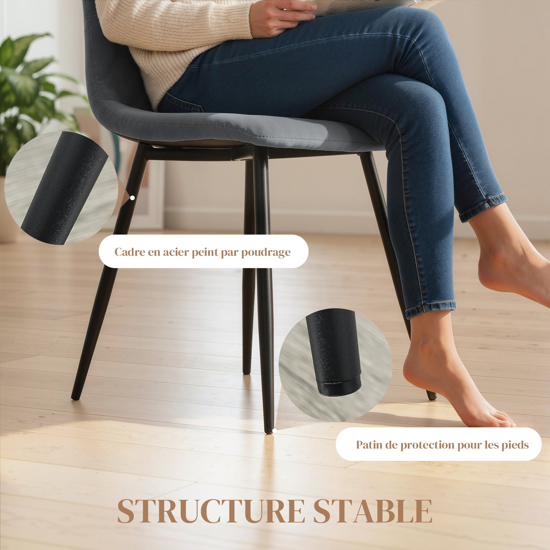 Lot de 4 chaises de salle à manger rembourrées avec dossier haut, pieds en acier et tissu effet velours, gris