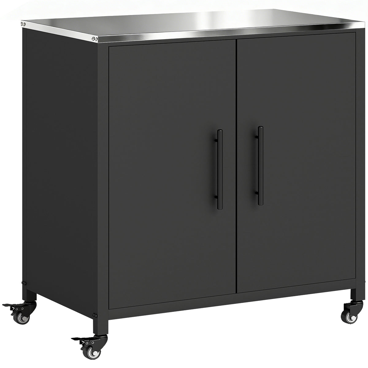 Gartenschrank aus Metall, Outdoor-Aufbewahrungsschrank, Edelstahl-Dach und Rollen, Schwarz