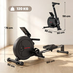 Klappbares Rudergerät für das Heimtraining, 16 Widerstandsstufen, App, LCD-Display, Tablethalterung, 180x50x75cm, Schwarz