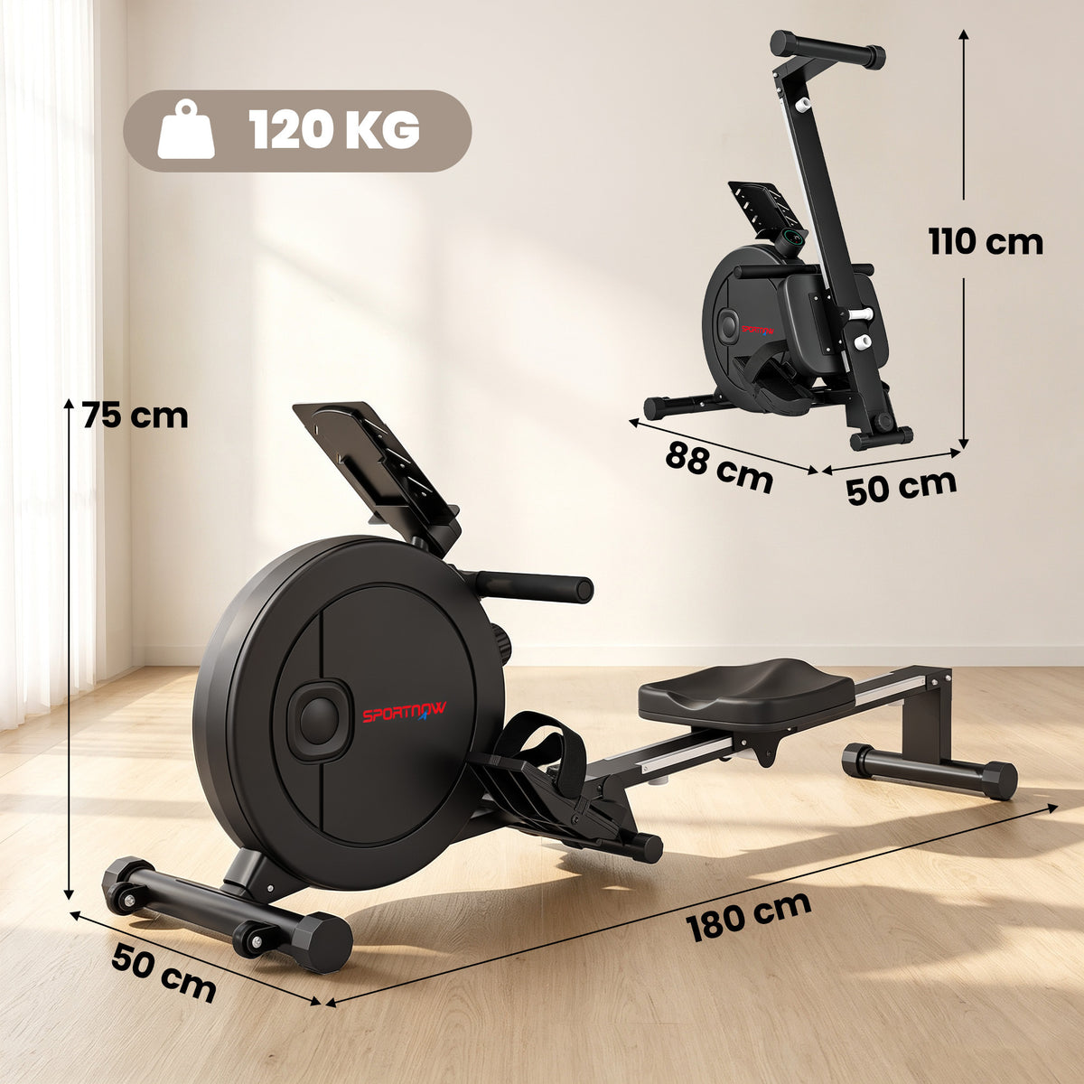 Klappbares Rudergerät für das Heimtraining, 16 Widerstandsstufen, App, LCD-Display, Tablethalterung, 180x50x75cm, Schwarz