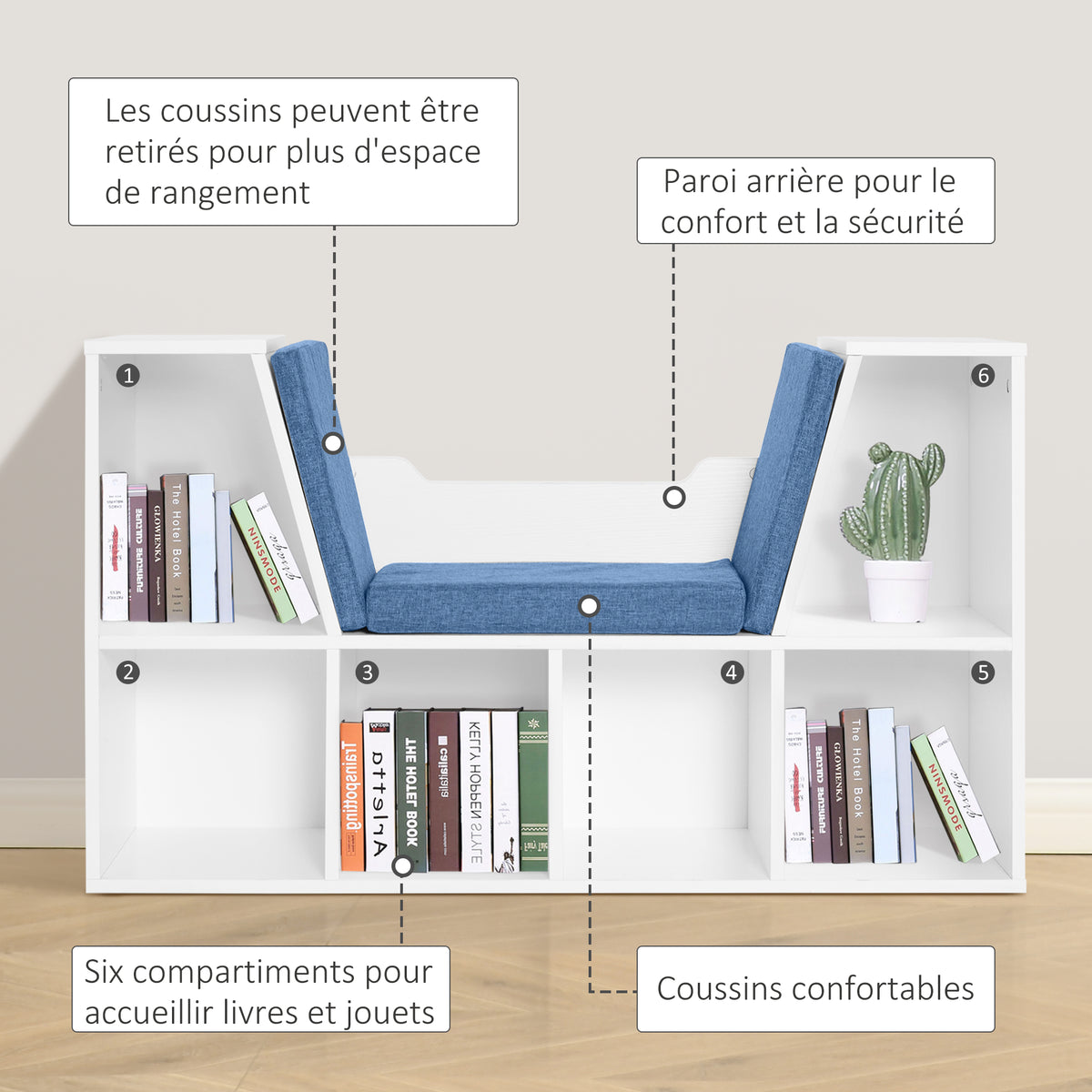 Bibliothèque banc 2 en 1 avec coussins de siège, étagère cube 6 compartiments ouverts et 2 niveaux, meuble de rangement pour salon, chambre à coucher, bureau, 102 x 30 x 61 cm, bleu