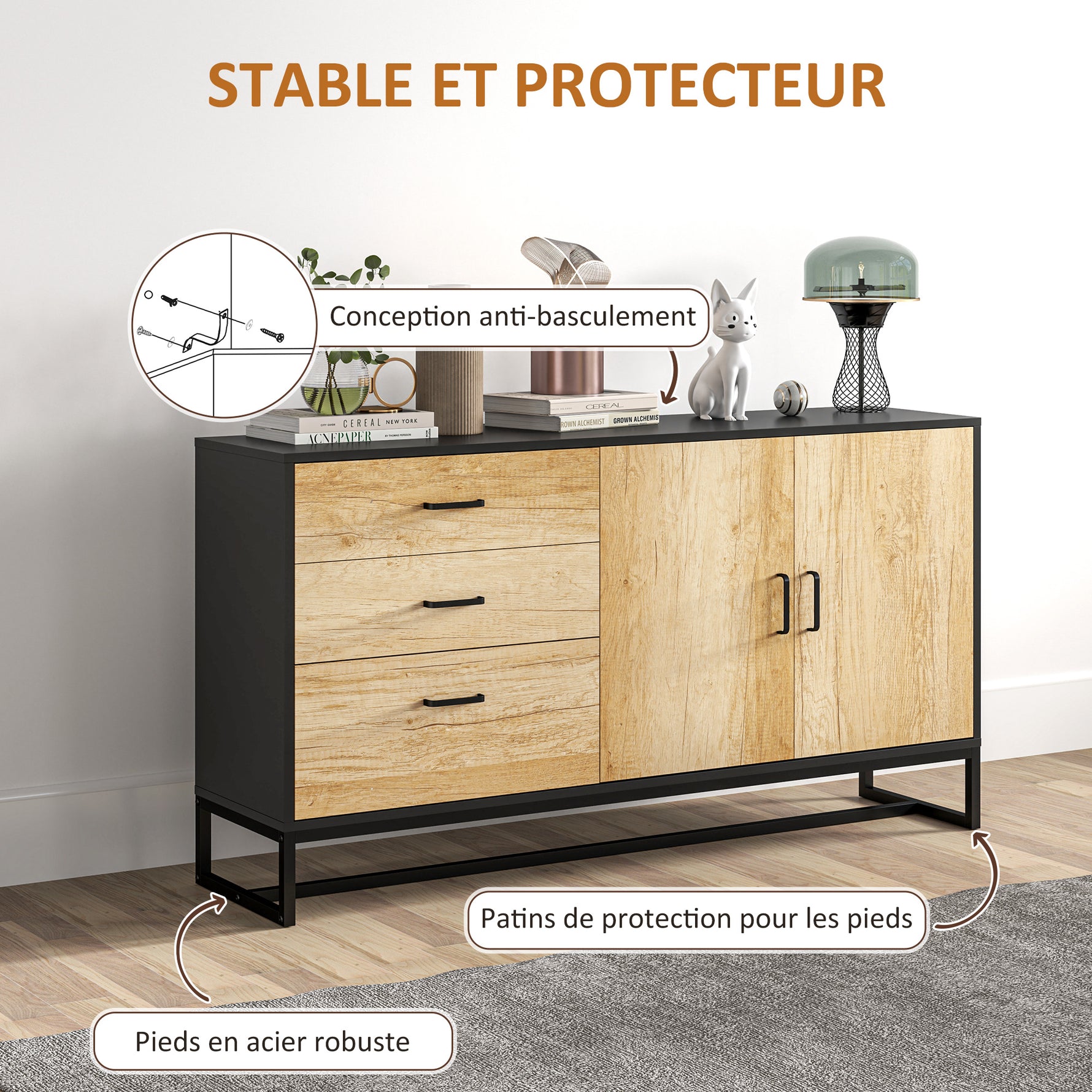 Buffet salon meuble de rangement avec 3 tiroirs et étagère réglable, pieds en acier, poignées en alliage d'aluminium
