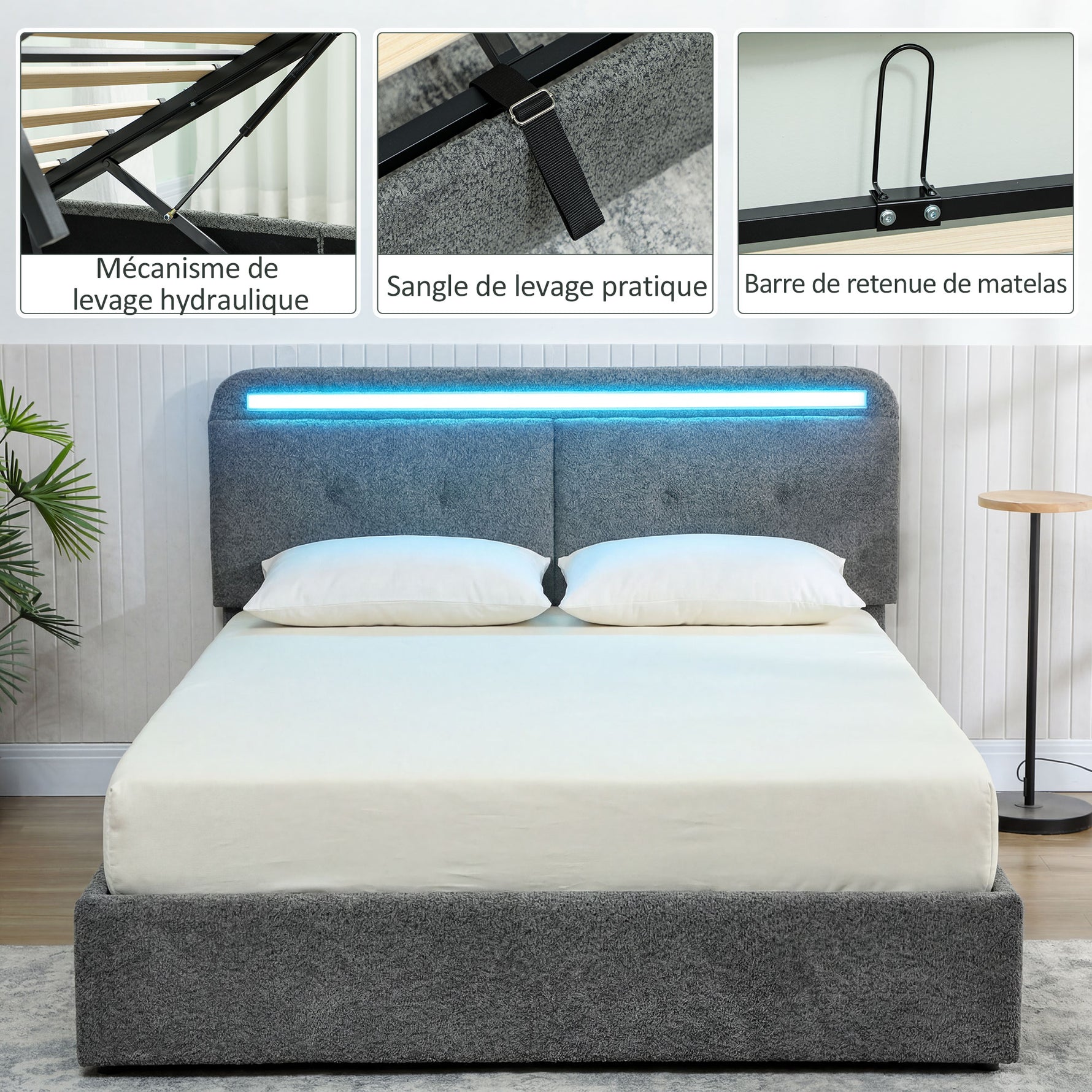 Lit coffre 140 x 190 cm avec éclairage LED, tête de lit réglable, cadre de lit double, sommier à lattes en bois, gris