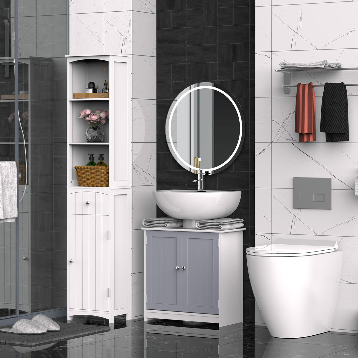 Meuble salle de bain sous lavabo - meuble sous-vasque - placard 2 portes avec étagère - dim. 60L x 30l x 60H cm - en bois gris blanc