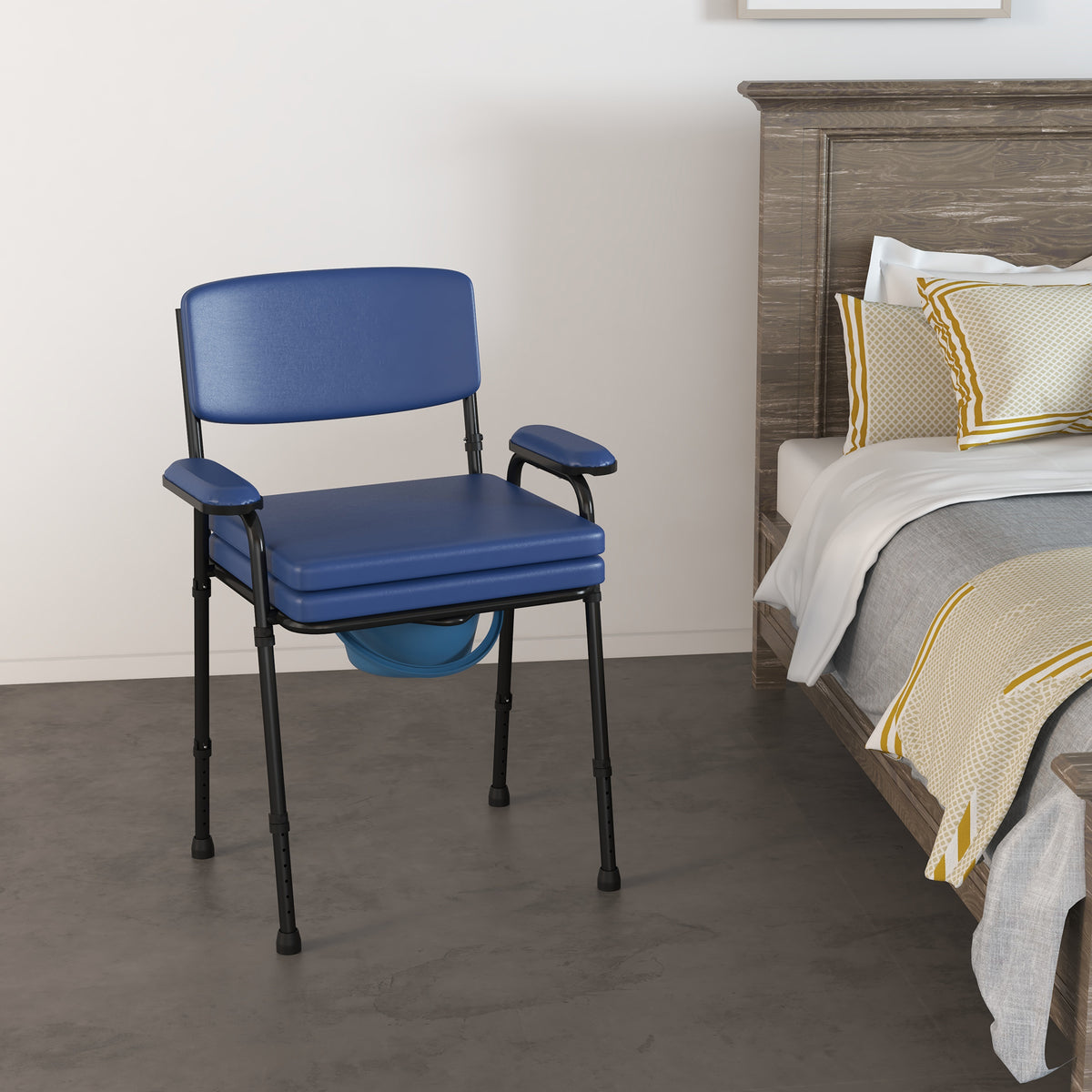 Chaise percée toilette multifonctions seau amovible hauteur réglable avec dossier siège et accoudoirs rembourrés bleu