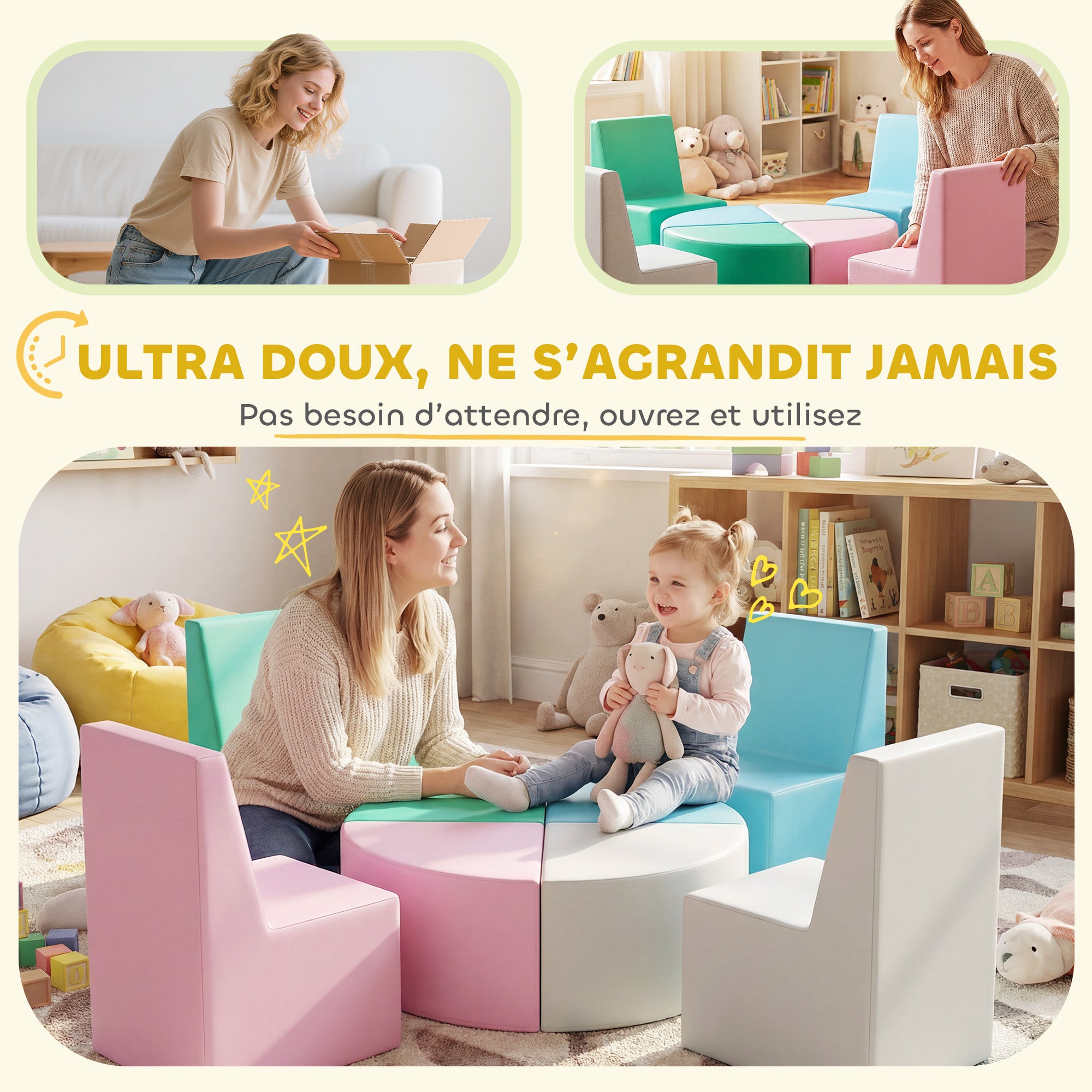 Parcours motricité bébé 8PCS, module motricité bébé mousse EPE et housse en PU, design table et chaises, multicolore