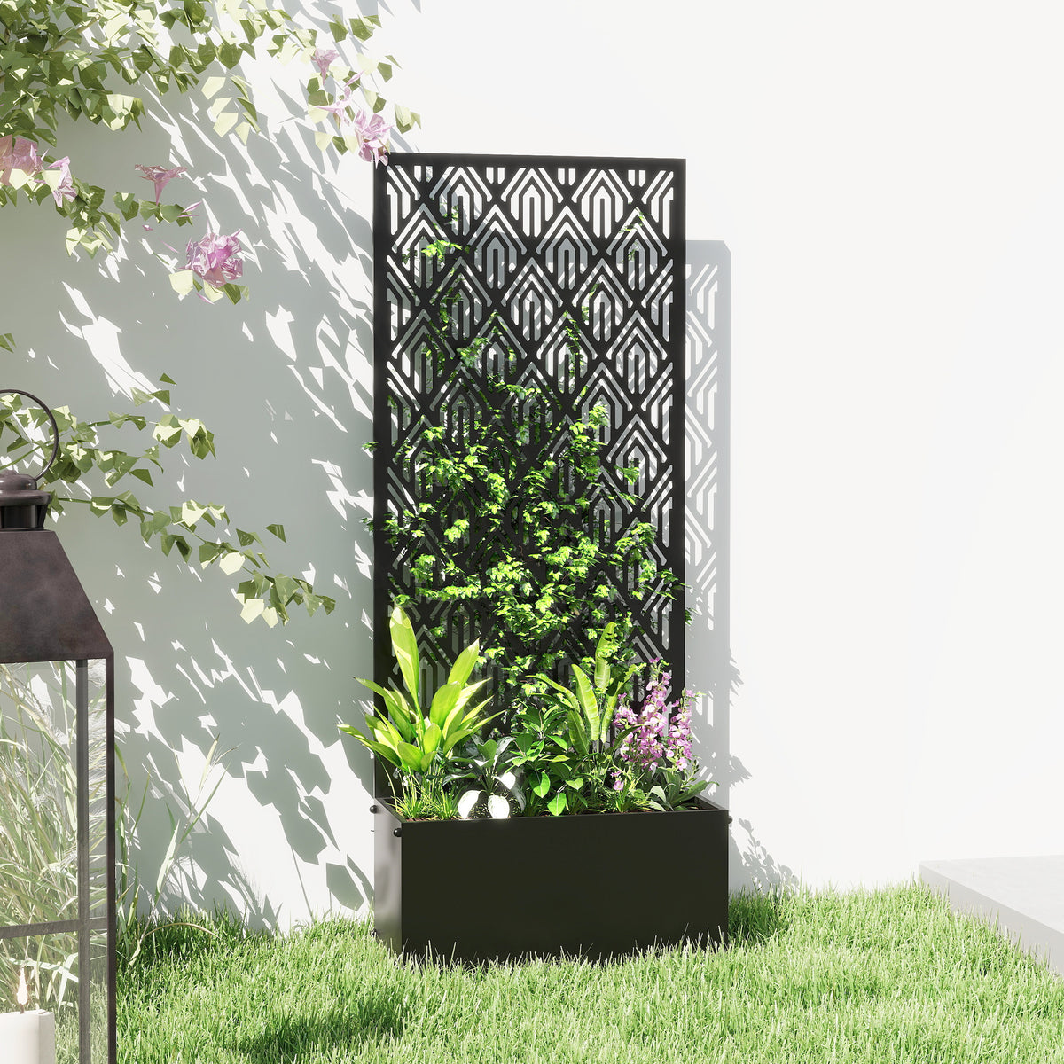Jardinière avec treillis, bac à fleurs, avec brise-vue, pour plantes grimpantes, métal, 45 x 21,5 x 110 cm, noir