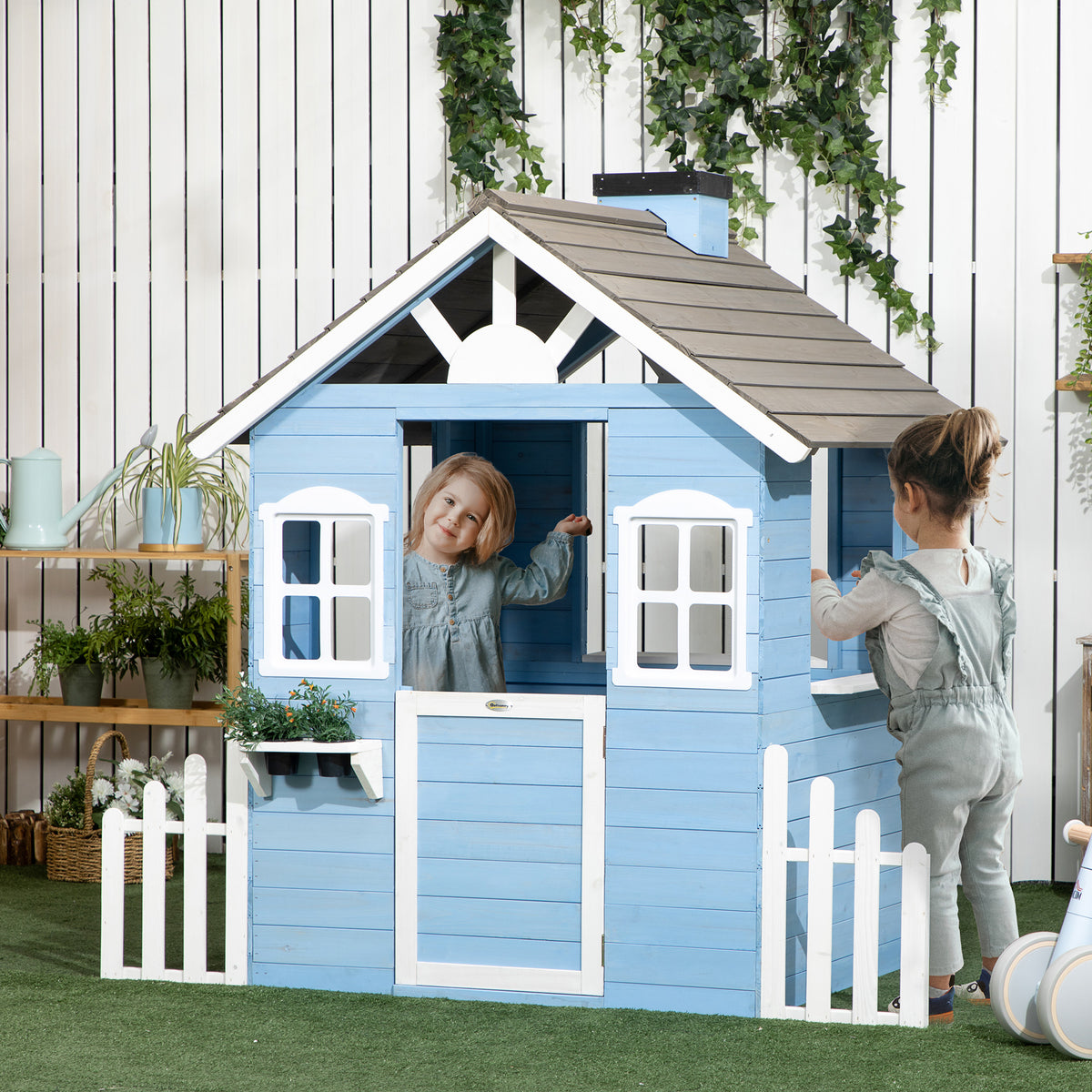Cabane de jeu pour enfant maison de jardin en bois porte et fenêtres de 3 à 7 ans dim. 151L x 112.5l x 142H cm bleu