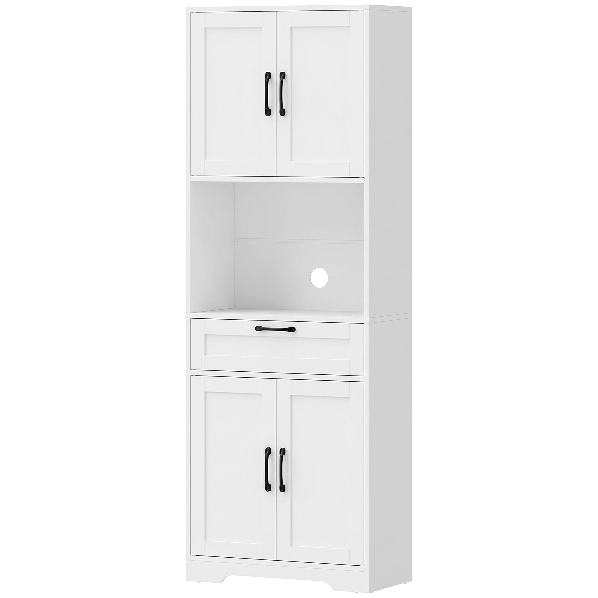 Aparador de cocina alto, armario de cocina, 4 puertas con cierre suave, cajón, compartimento abierto, estantes ajustables, blanco