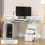 Bureau d'ordinateur, bureau informatique 120 x 55 cm avec plateau pour clavier, 3 tiroirs, pour chambre, domicile, blanc