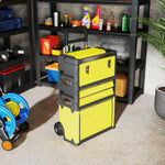 Lot de 3 boîtes à outils sur roulettes empilables et modulaires en acier avec plateau, poignées et serrure, jaune