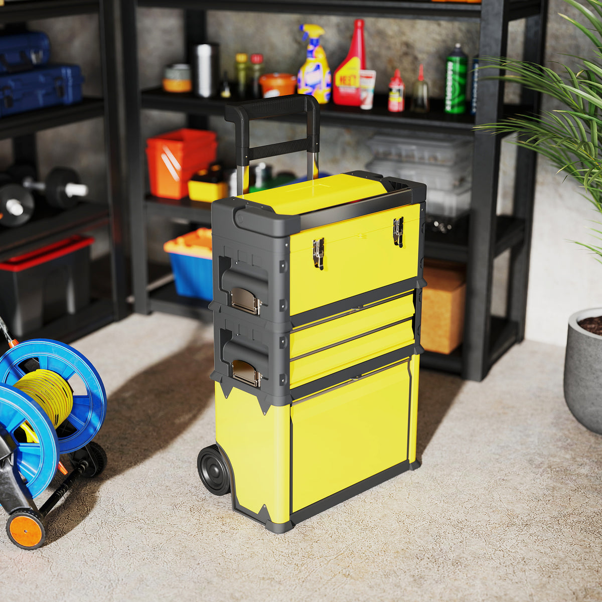 Lot de 3 boîtes à outils sur roulettes empilables et modulaires en acier avec plateau, poignées et serrure, jaune
