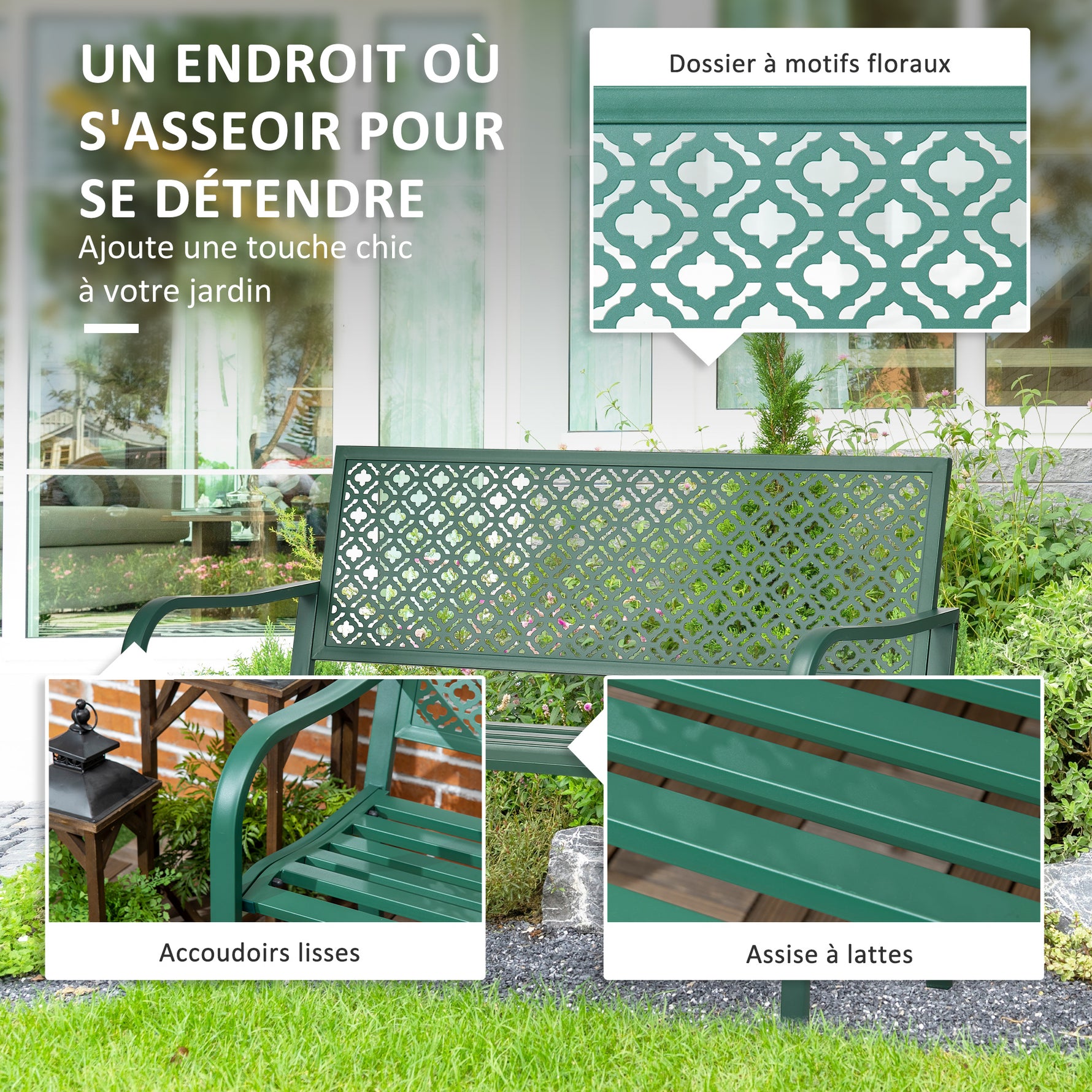 Banc de jardin banc extérieur jardin en acier avec dossier à motif floral pour 2 personnes 127 x 63 x 83 cm vert foncé