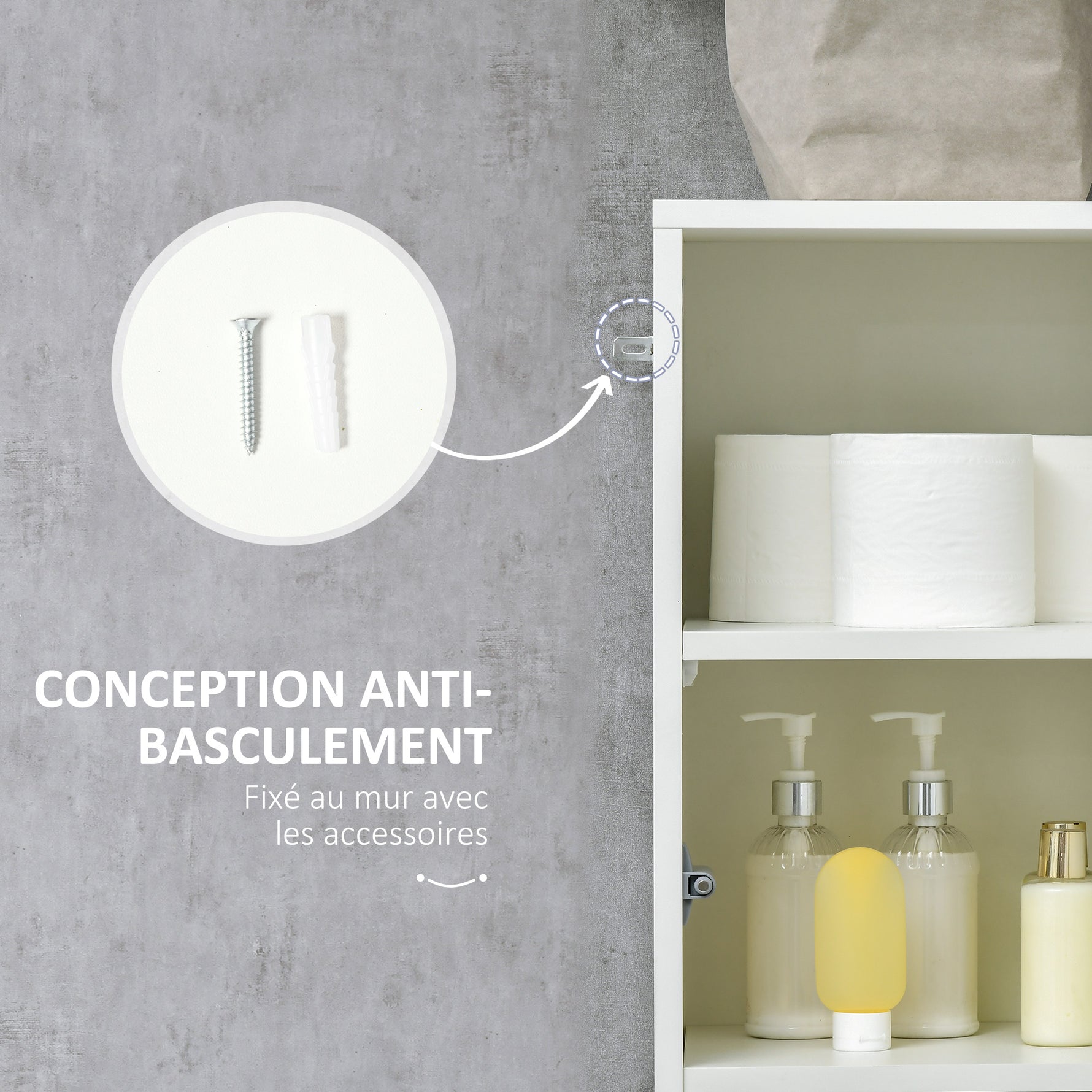 Meuble colonne rangement salle de bain style contemporain 2 placards 3 étagères et 1 tiroir coulissant panneaux particules brillant dim. 30l x 28P x 170H cm blanc laqué