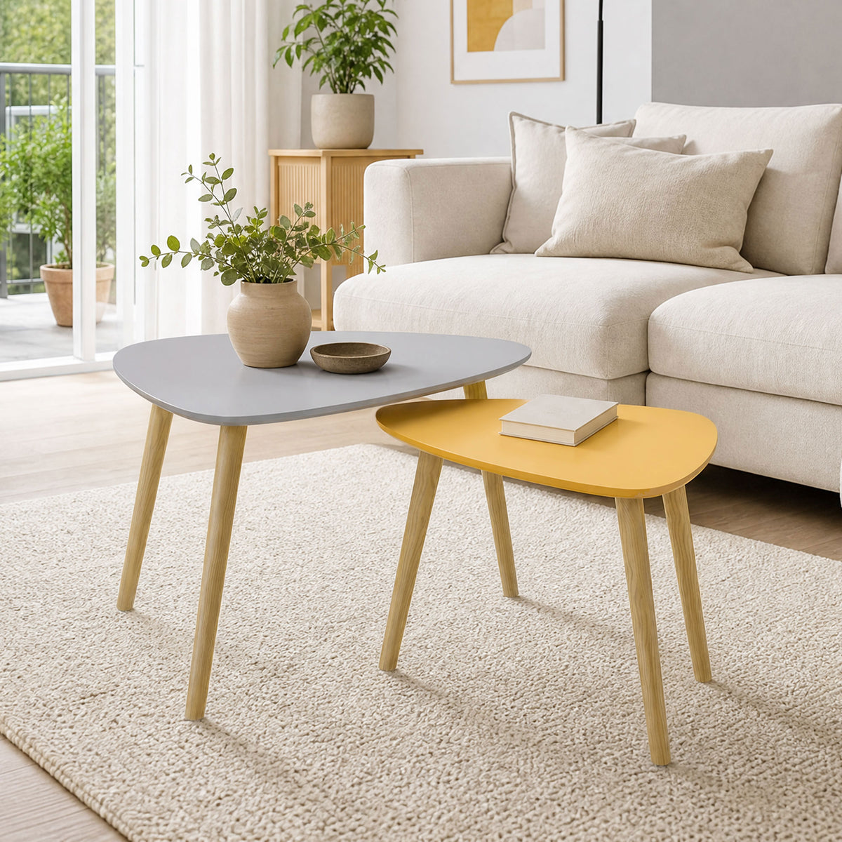 Lot de 2 tables basses gigognes design scandinave pieds en bois et plateau en bois, gris et jaune