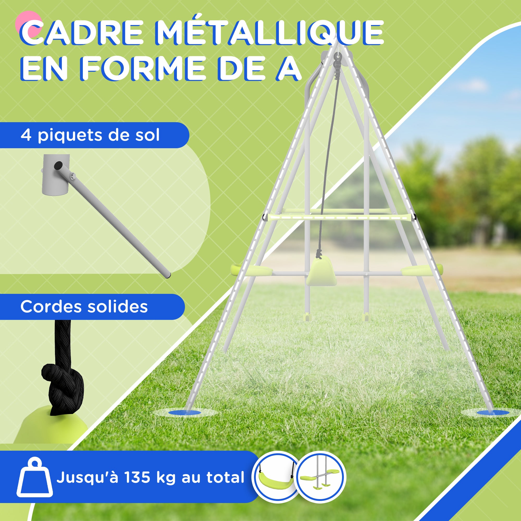 Balançoire 2 agrès portique avec 1 balançoire et face à face 255 x 160 x 180 cm charge max. 135 kg vert gris