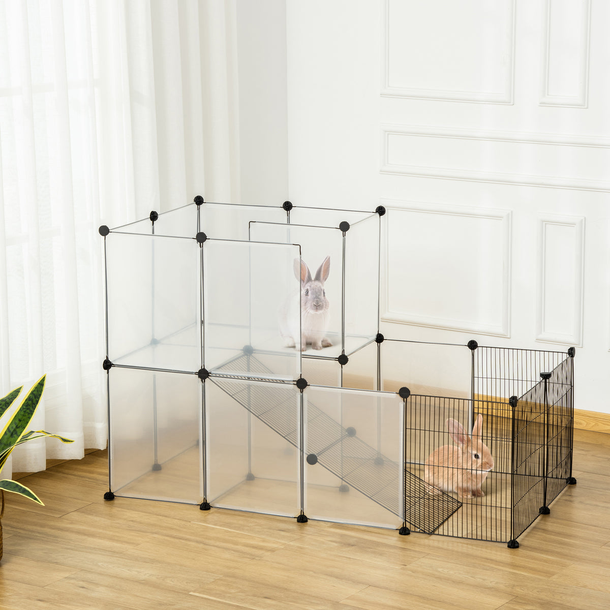 Enclos lapin interieur, 2 niveaux, parc modulable pour petits animaux, 27pcs, 140 x 70 x 90 cm, noir