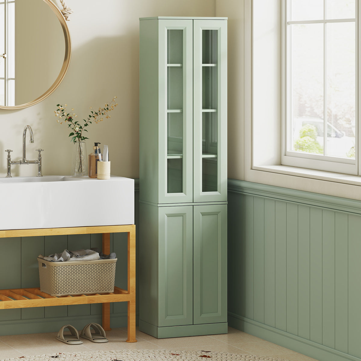 Meuble de Salle de Bain 6 niveaux, Meuble de Rangement avec 4 Portes à Fermeture Douce et Étagères Réglables, Vert