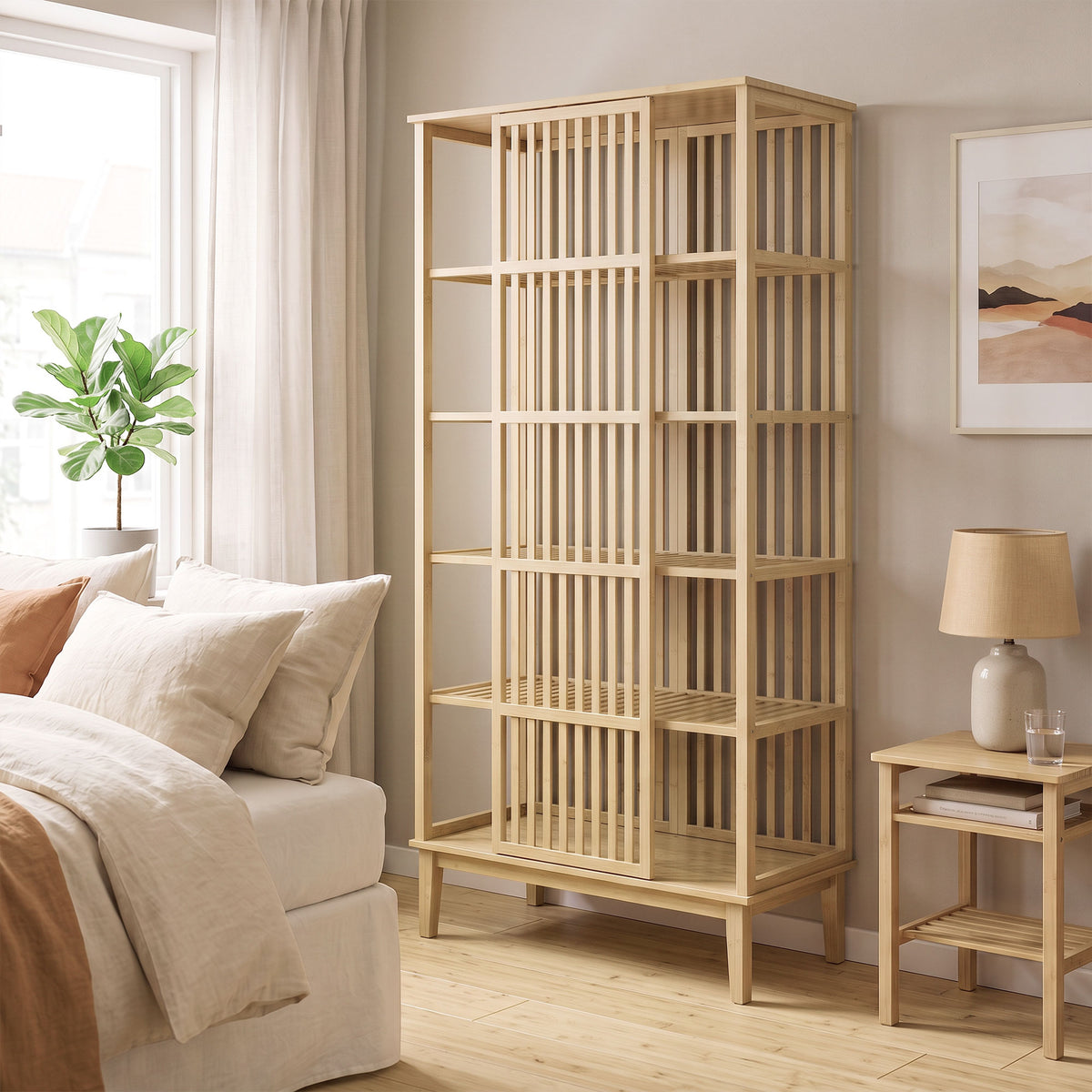 Armadio guardaroba in bambù a 5 livelli con anta scorrevole, design a doghe traspirante, legno naturale