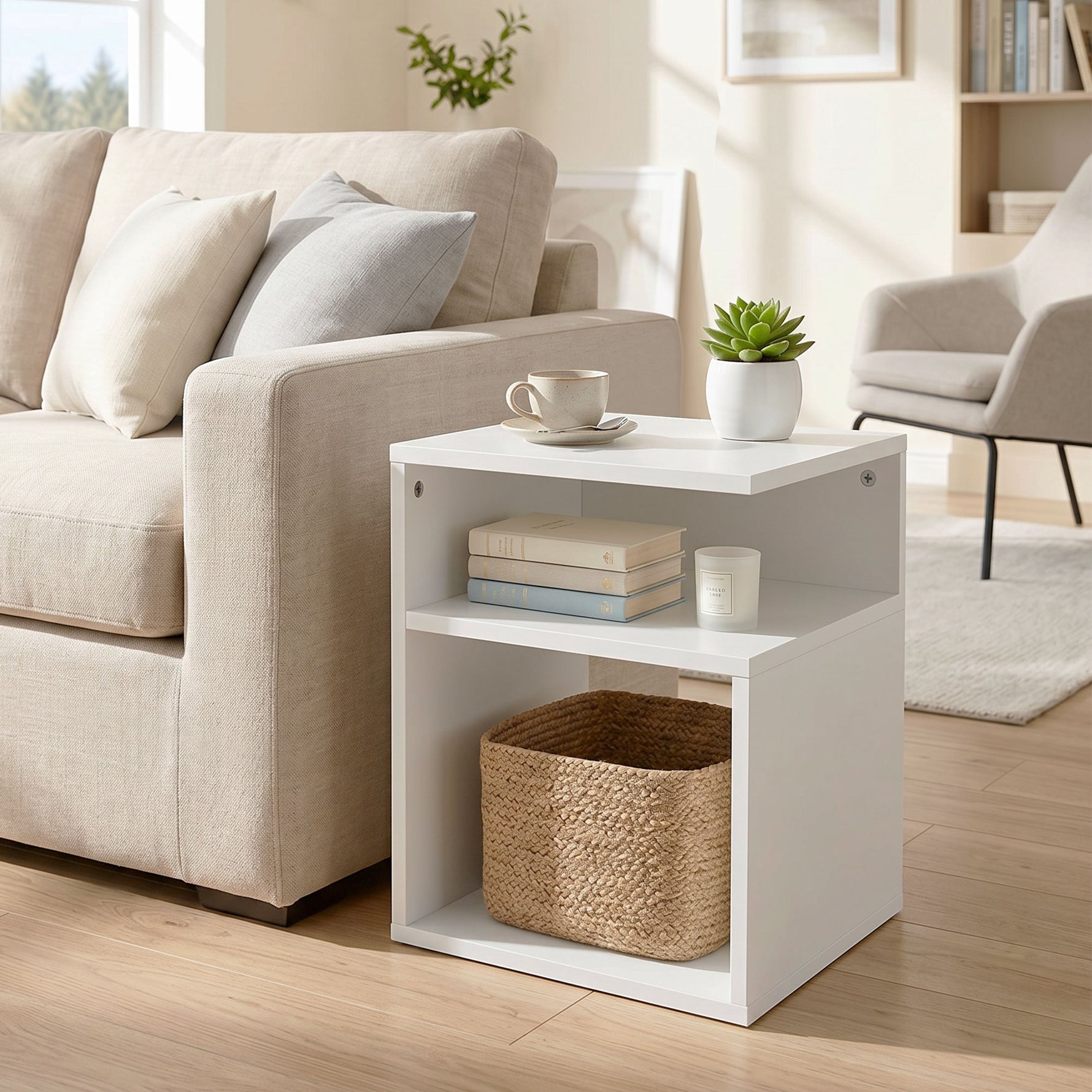 Table d'Appoint, Table Basse Moderne 3 Niveaux avec Étagères Ouvertes, pour Salon, Chambre ou Bureau, Blanc