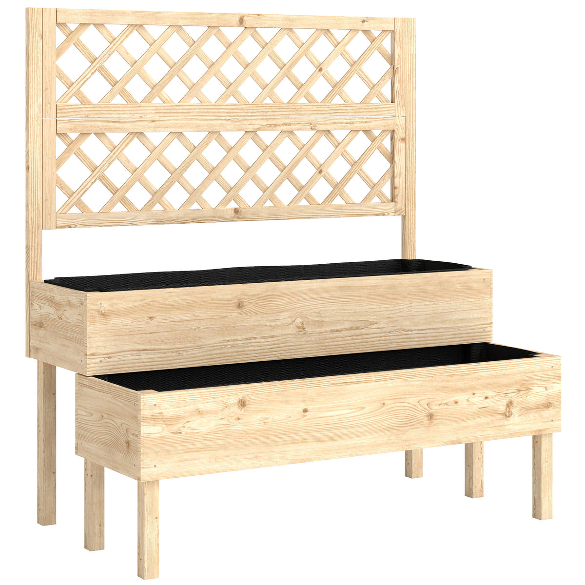 Jardinière à 2 Niveaux avec Treillis, bac à fleurs, avec tissu non tissé, 108 x 62 x 120 cm, effet bois naturelle-0