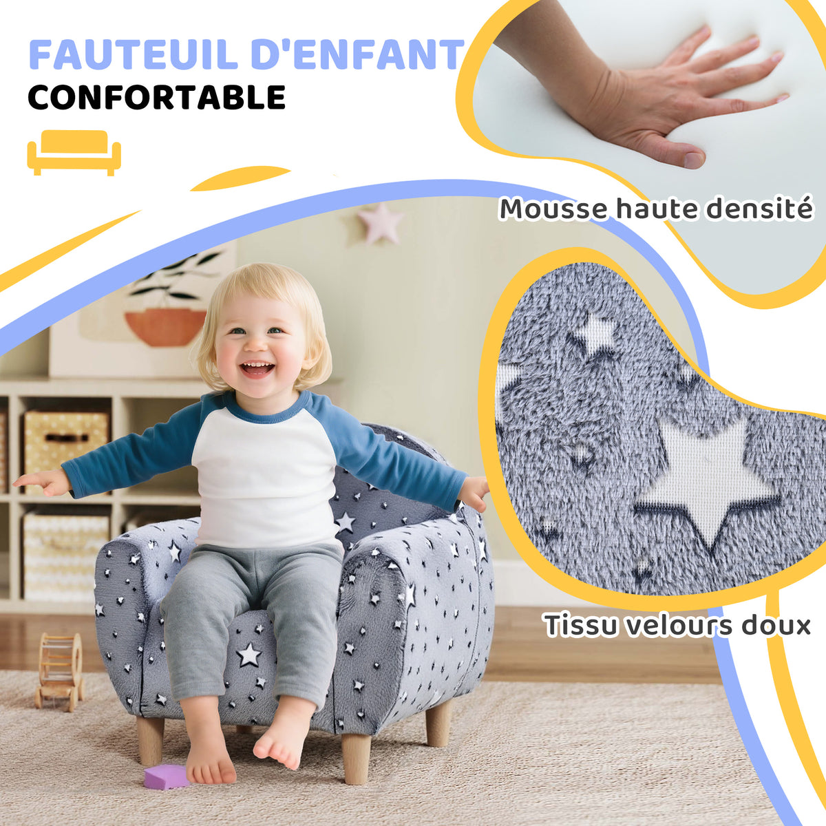 Kinder-Kindersessel, leuchtendes Kindersofa mit Sternenmuster, Samtstoff, für Jungen und Mädchen, Grau