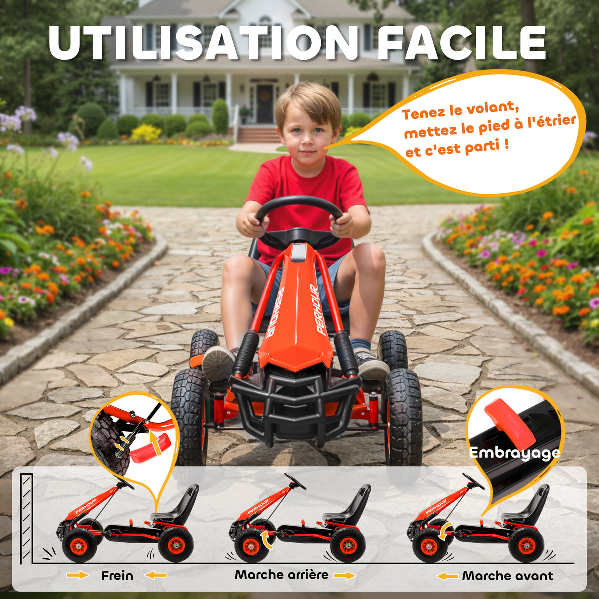 Kart à pédales Go-Kart pour enfants siège réglable pneus EVA embrayage manuel et frein 110 x 61 x 62 cm rouge