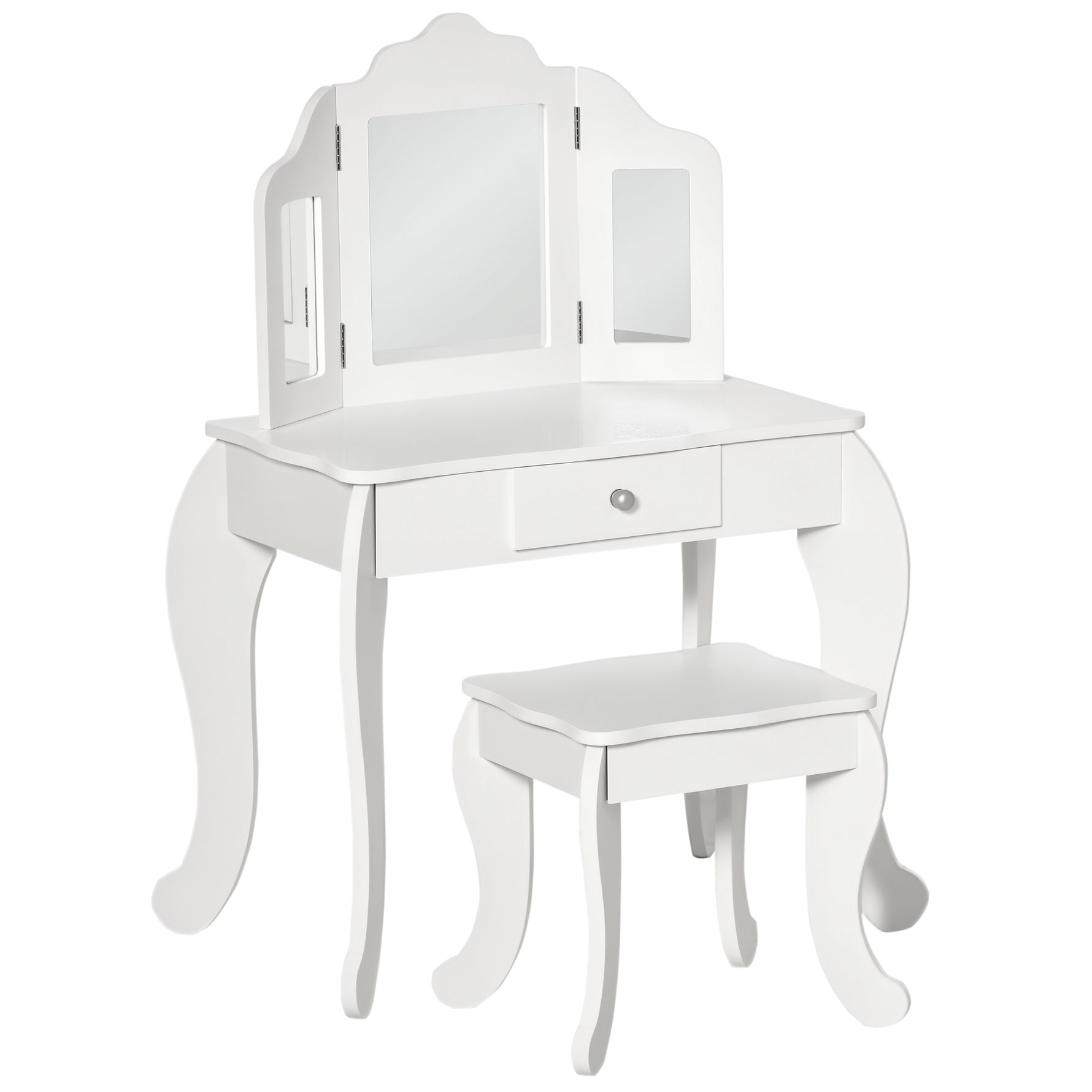Coiffeuse Enfant avec Tabouret, Coiffeuse Bureau 2 en 1 Miroir triptyque et tiroir Coulissant Blanc Acrylique