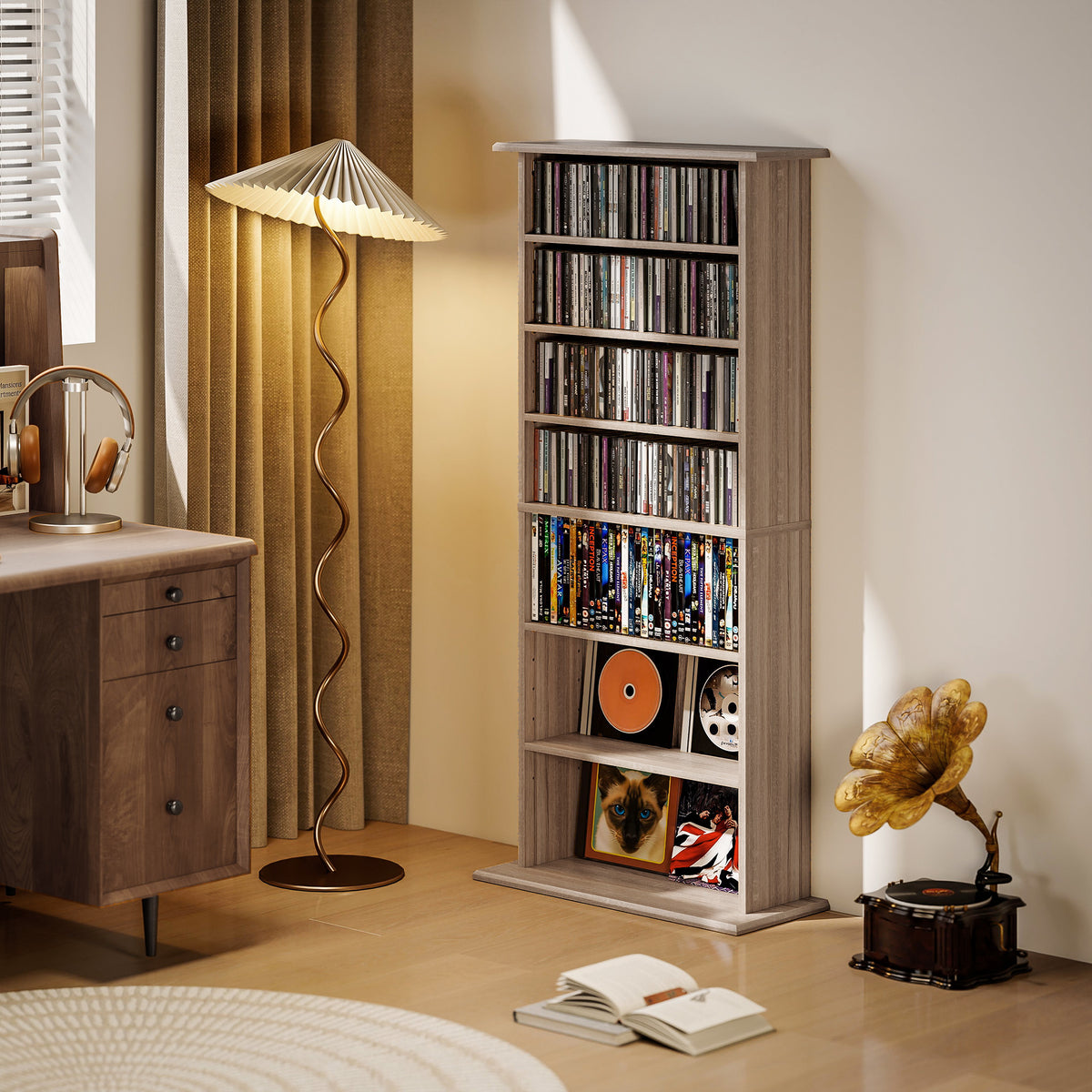Rangements pour CD et DVD avec 8 compartiments et 6 étagères réglables, capacité max. 360 CD/185 DVD et Blu-ray, naturel