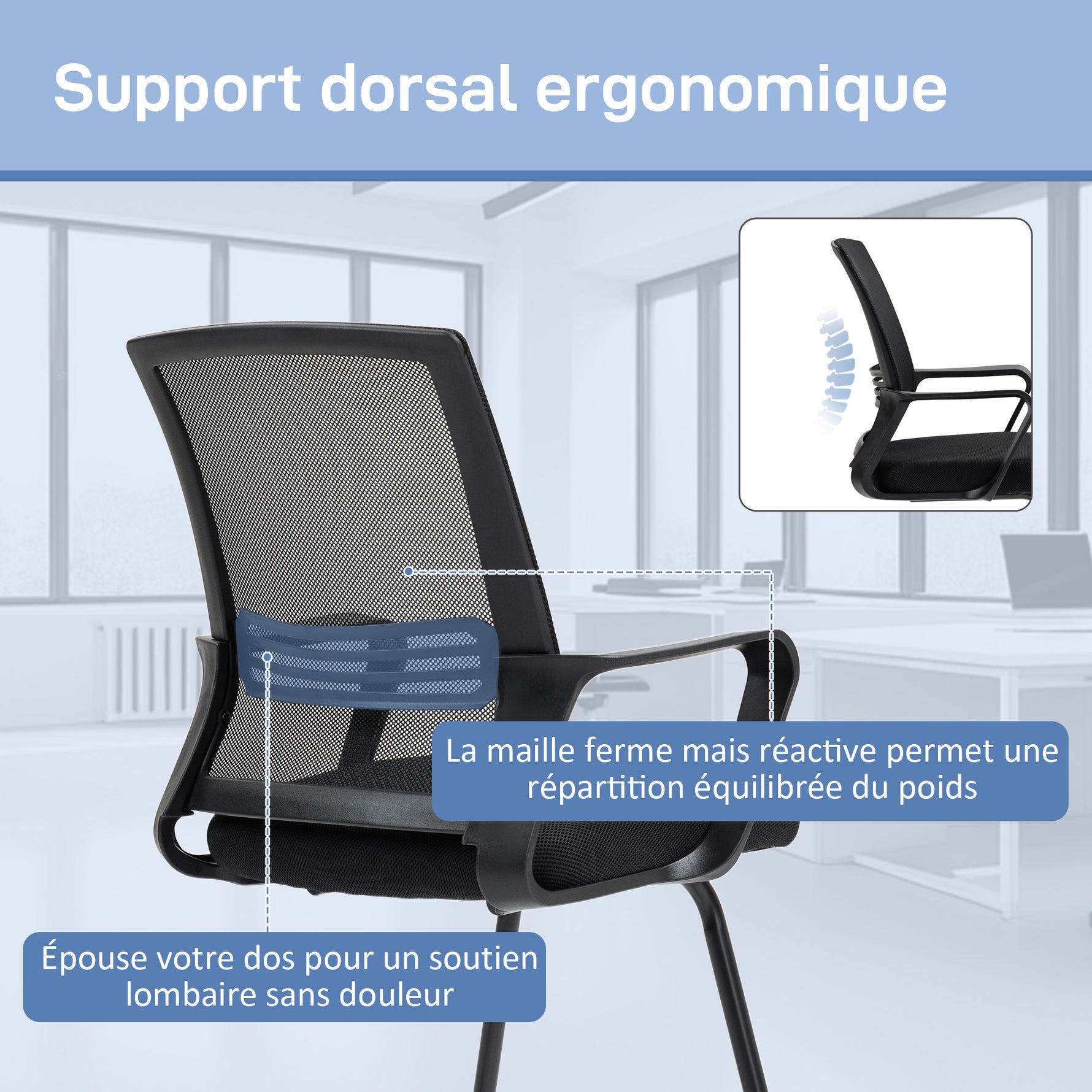 Chaise de bureau en maille sans roulettes, base en traîneau, pour salle de conférence, attente, réception, noir