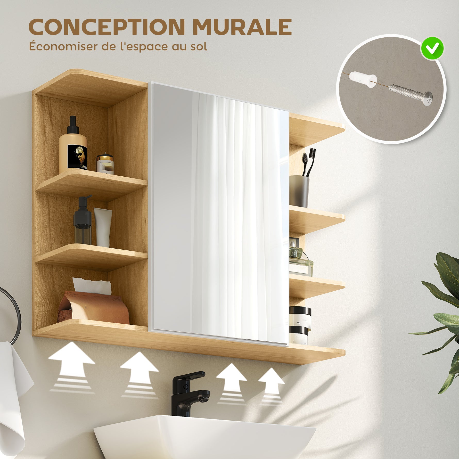 Armoire murale salle de bain avec miroir, meuble salle de bain avec étagères ouvertes, 80 x 20 x 59 cm, bois naturel