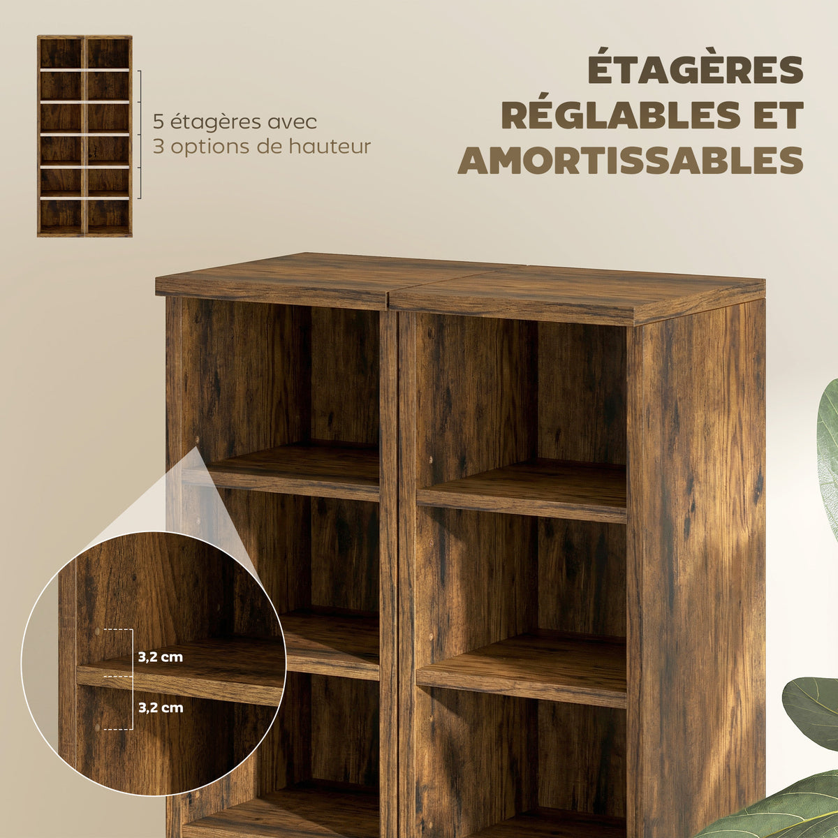 Set di 2 scaffali a colonna armadietto porta CD-DVD 12 scomparti 21 x 22,5 x 88,5 cm capacità 204 CD marrone