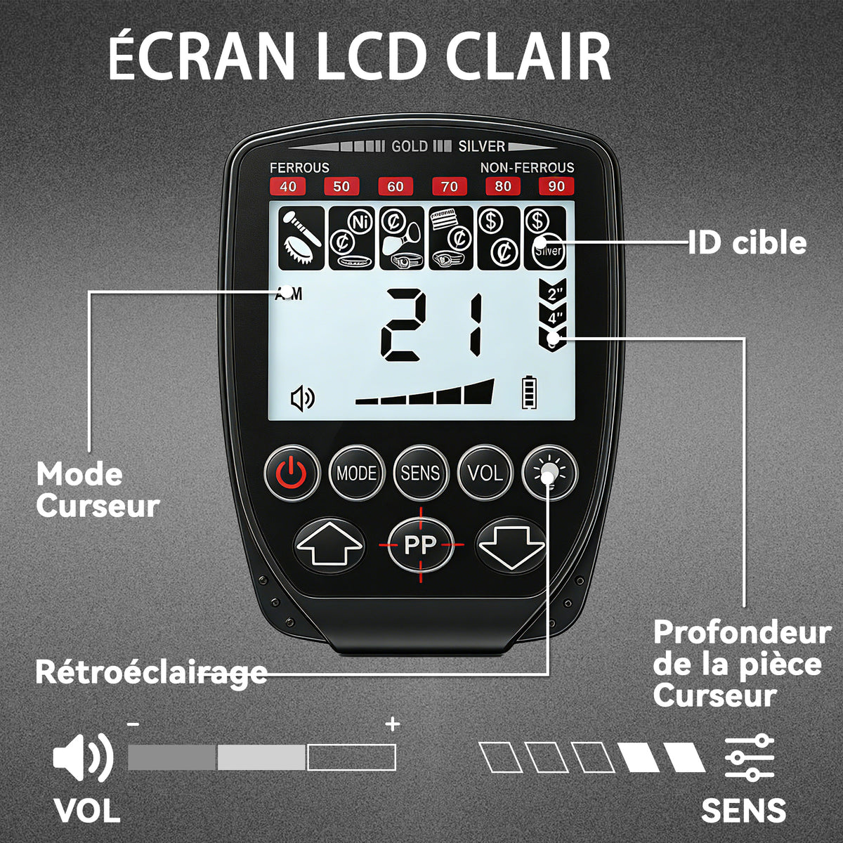 Détecteur de Métaux, Bobine Étanche IP68 avec Écran LCD, 4 Modes, Haute Précision Hauteur Réglable, 139x26x30cm, Noir