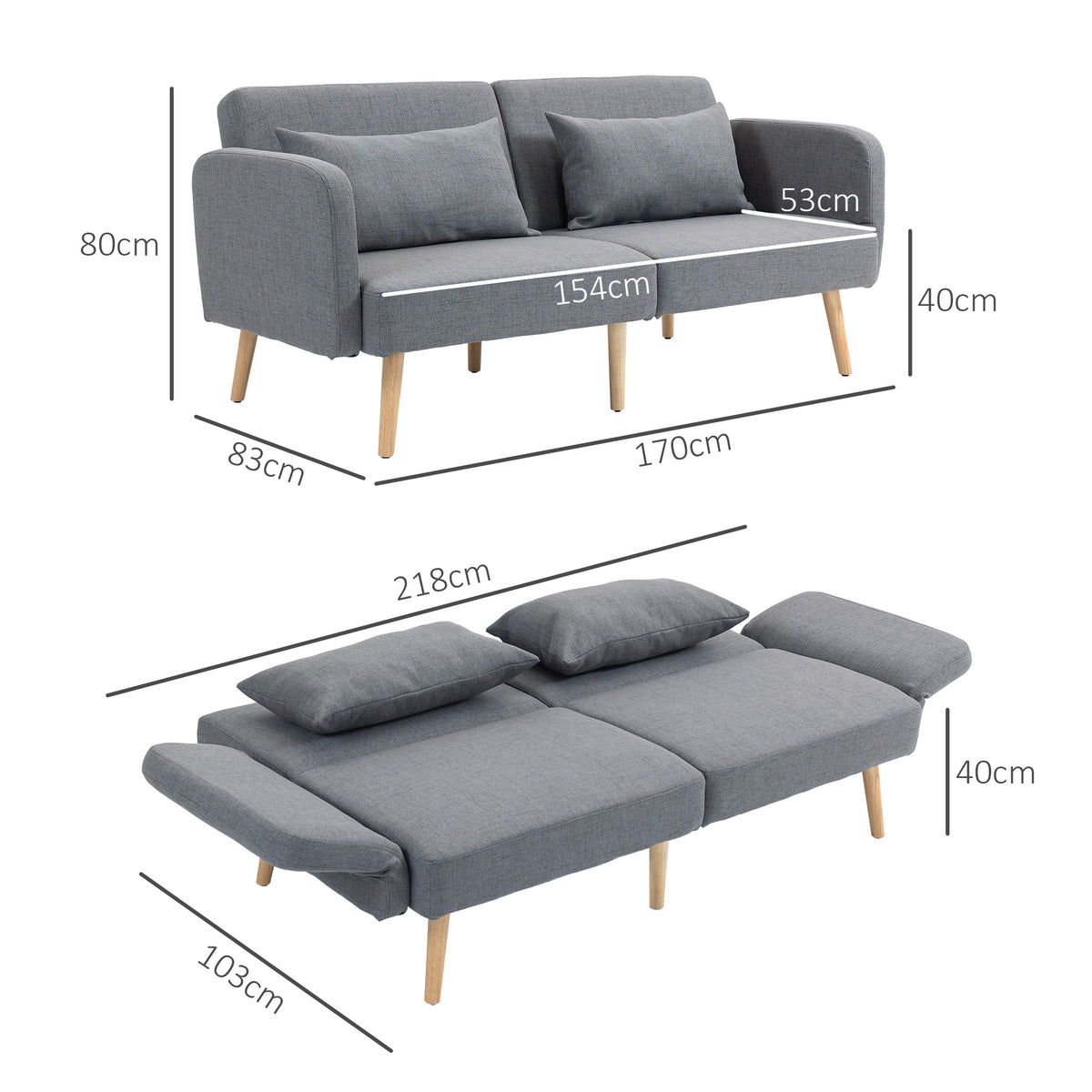 Canapé convertible 3 places design clic clac dossier inclinable et accoudoirs réglables tissu effet lin gris