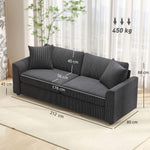 Sofá de 3 plazas de 212 cm con 2 cojines de muelles, tejido de pana, para salón, dormitorio, oficina en casa, gris oscuro
