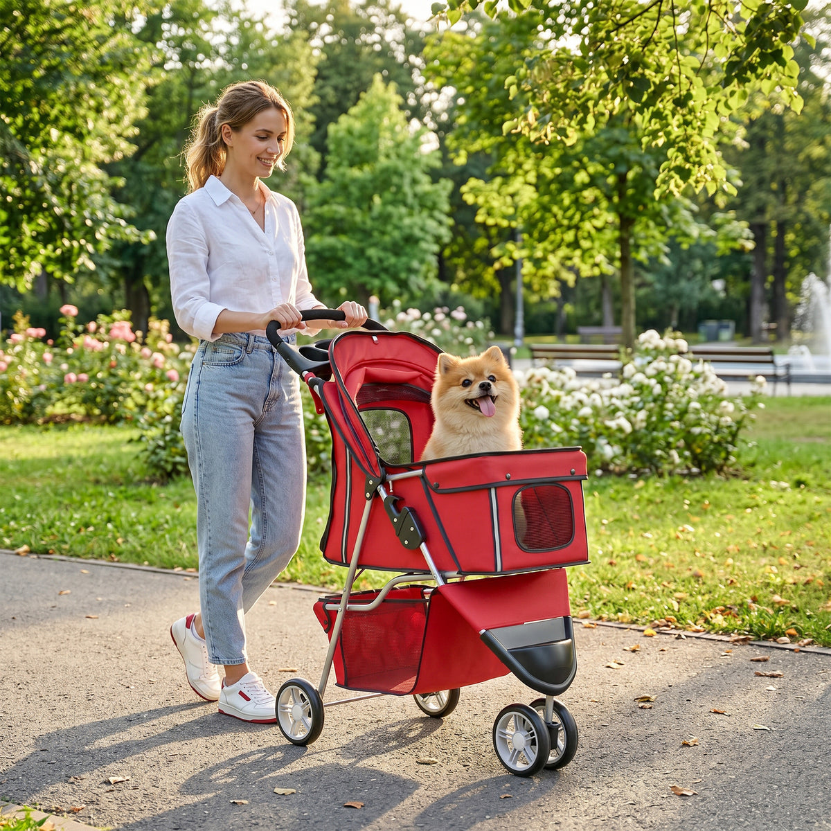 Poussette pour Chien 4 Roues, Chariot Pliable avec Auvent Réglable, Panier de Rangement, 77x44x102cm, Rouge