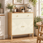 Buffet, meuble de rangement cannelé avec plateau effet chêne, 2 tiroirs, 2 portes, étagère réglable, 77x30x80cm, crème