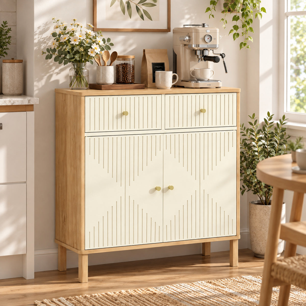 Buffet, meuble de rangement cannelé avec plateau effet chêne, 2 tiroirs, 2 portes, étagère réglable, 77x30x80cm, crème