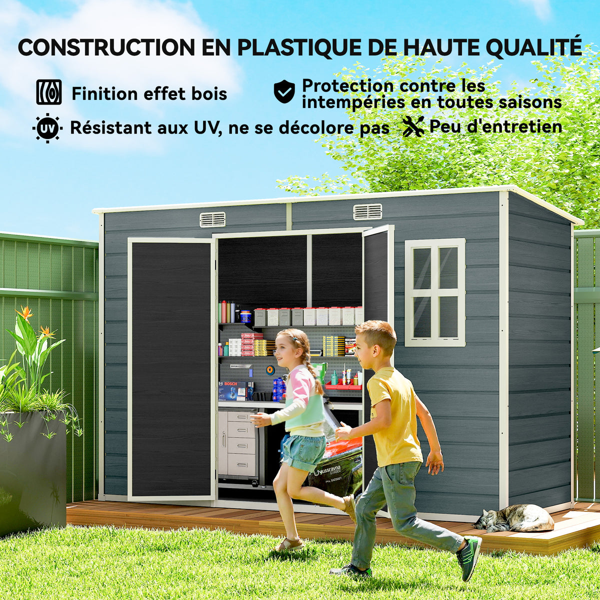 Abri de jardin en plastique, avec plancher, 303 x 123 x 197 cm, effet bois gris