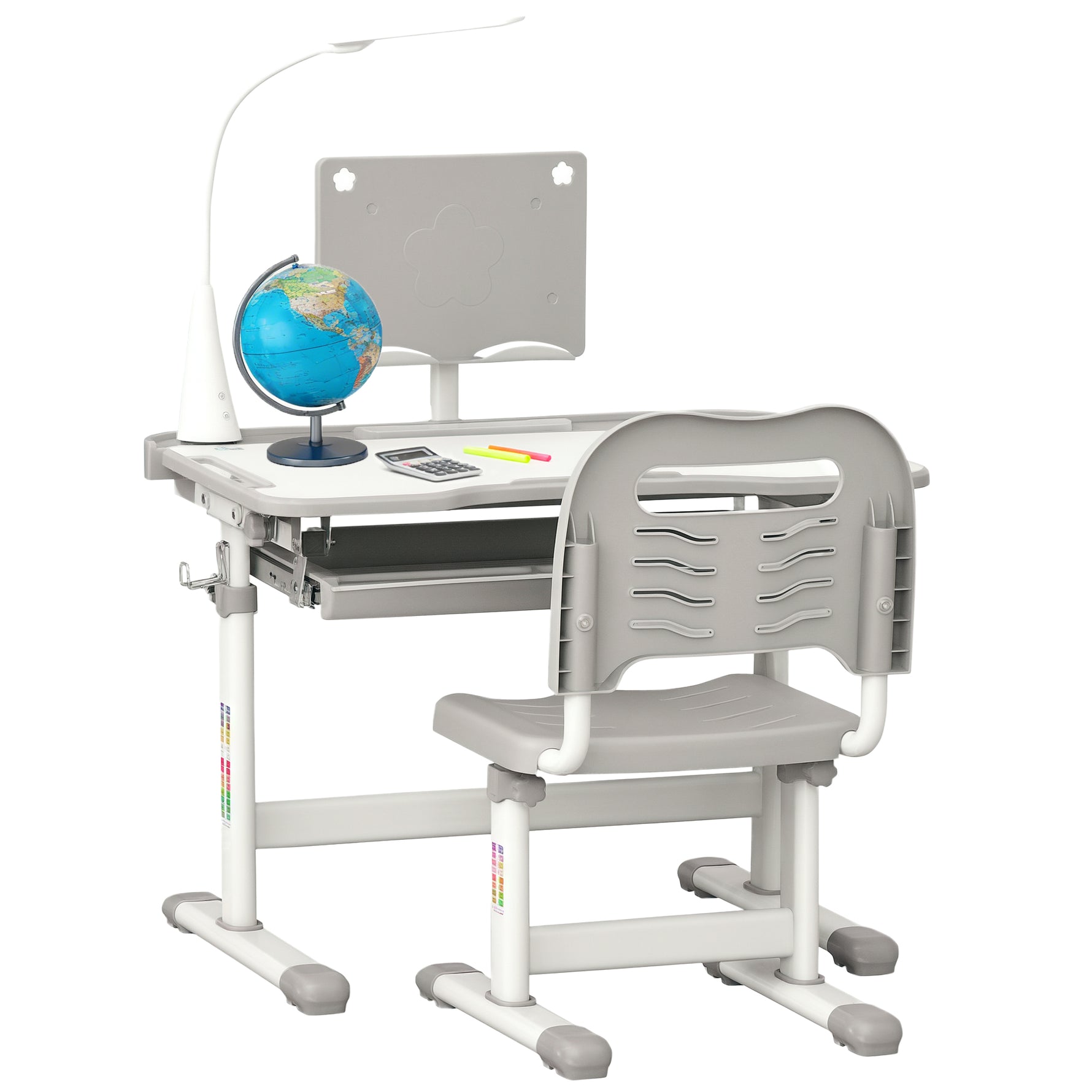Ensemble chaise et bureau pour enfants avec lampe LED hauteur réglable plateau incliné support de lecture gris