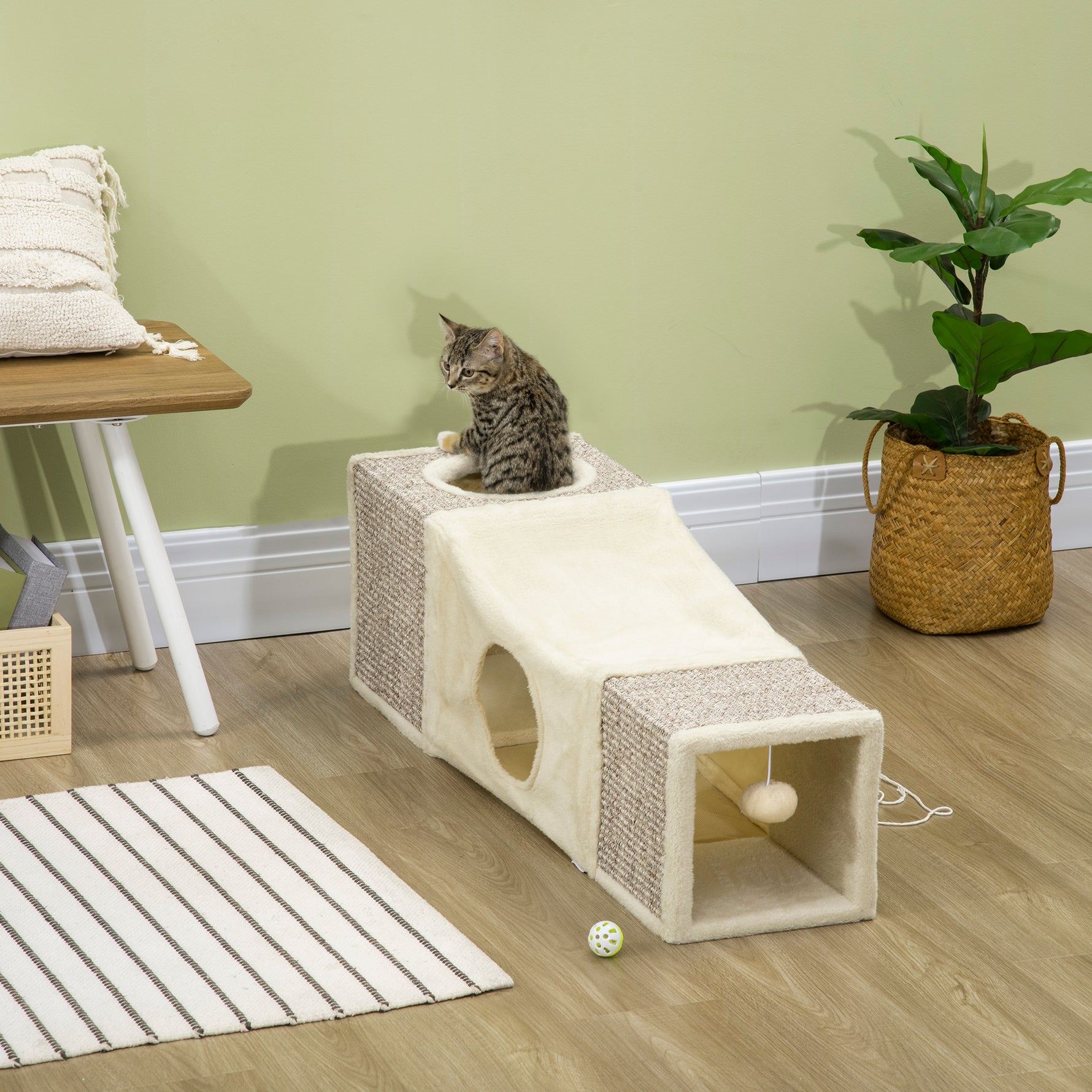 Tunnel pour chat intérieur jouets pour chats avec balle suspendue entrées multiples en sisal 98 x 30 x 30 cm crème